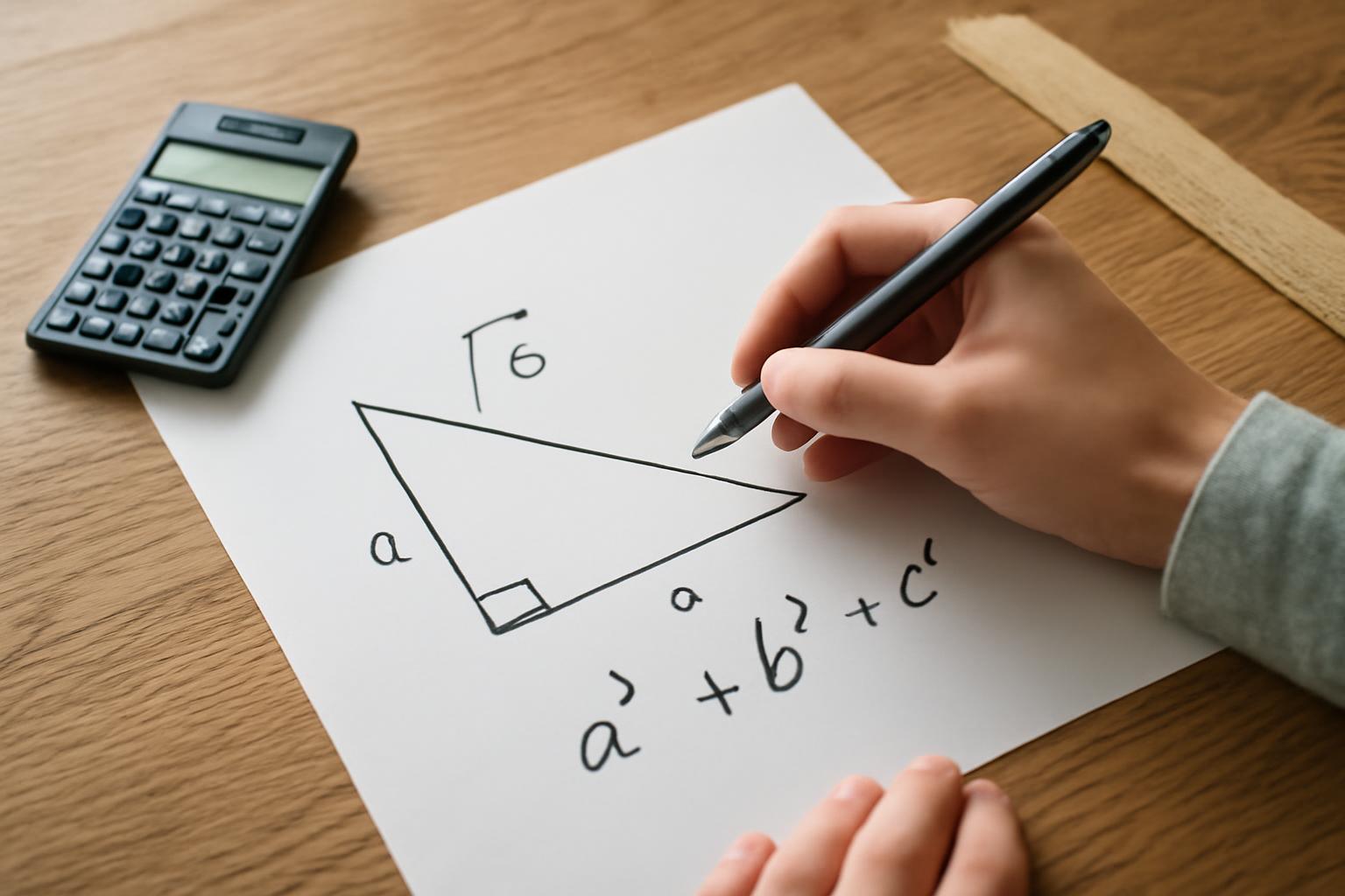Egy diagramban a Pitagorasz-tétel ábrázolása, kéz ír egy háromszöget.