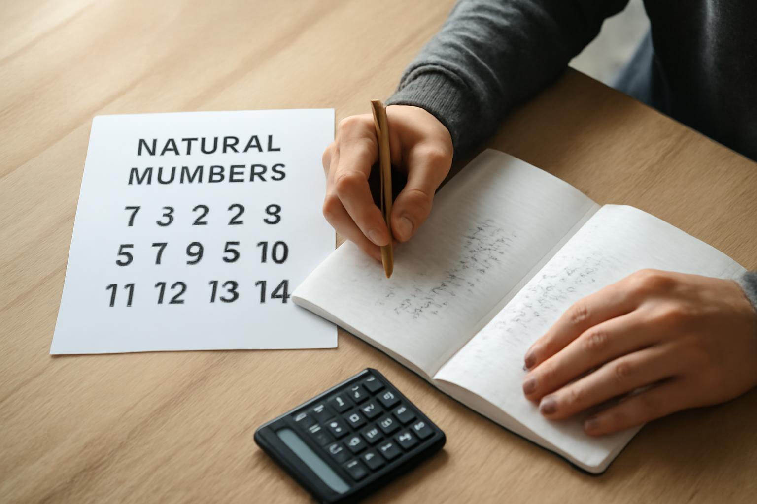 Egy kéz jegyzetel egy füzetben, mellette természetes számok listája és egy számológép.