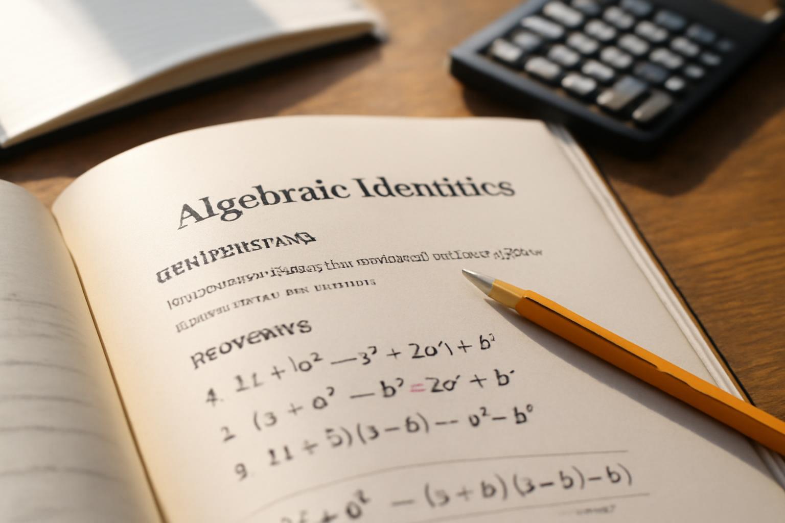 Egy nyitott könyv az algebrai azonosságokról, matematikai képletekkel és egy ceruzával.