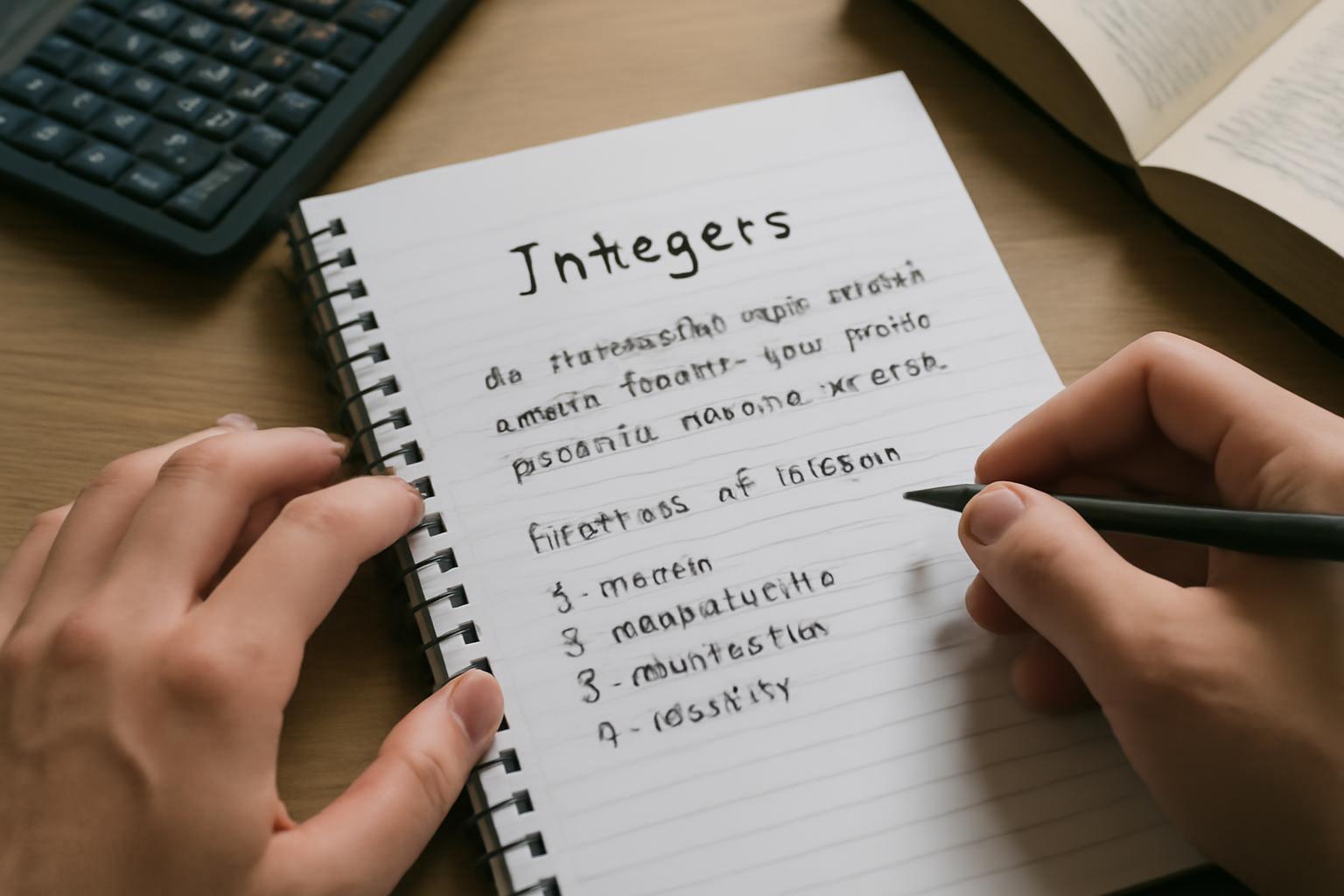 Egy kéz jegyzetel egy füzetbe, ahol az egész számok alapfogalmai láthatók.
