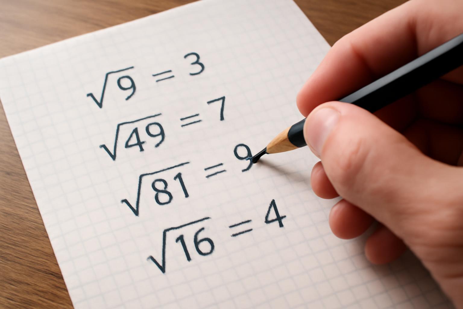 Egy kéz egy ceruzával négyzetgyökök egyszerűsítését mutatja be papíron.