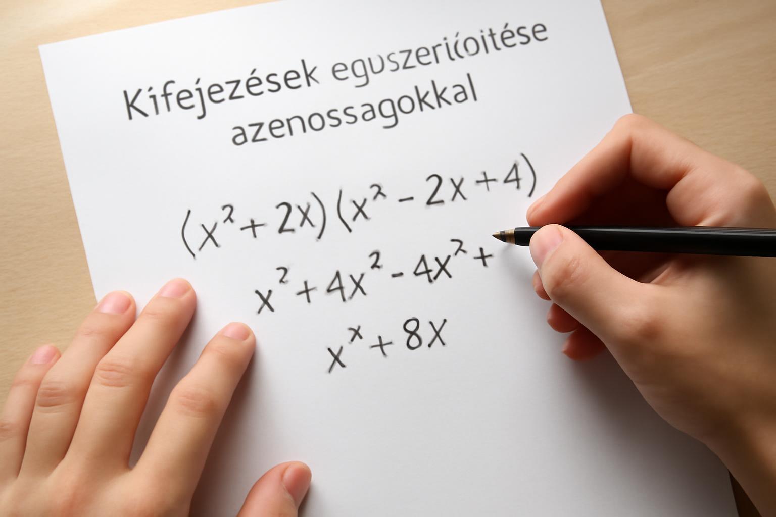 Kéz egy papíron, ahol kifejezések egyszerűsítése zajlik matematikai azonosságokkal.