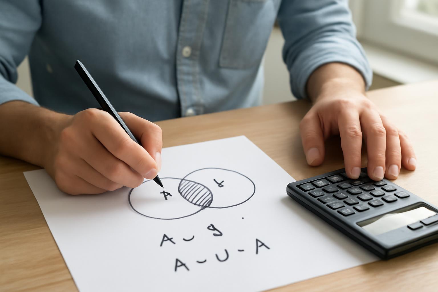 Egy kéz egy papíron halmazokat rajzol, mellette egy számológép.