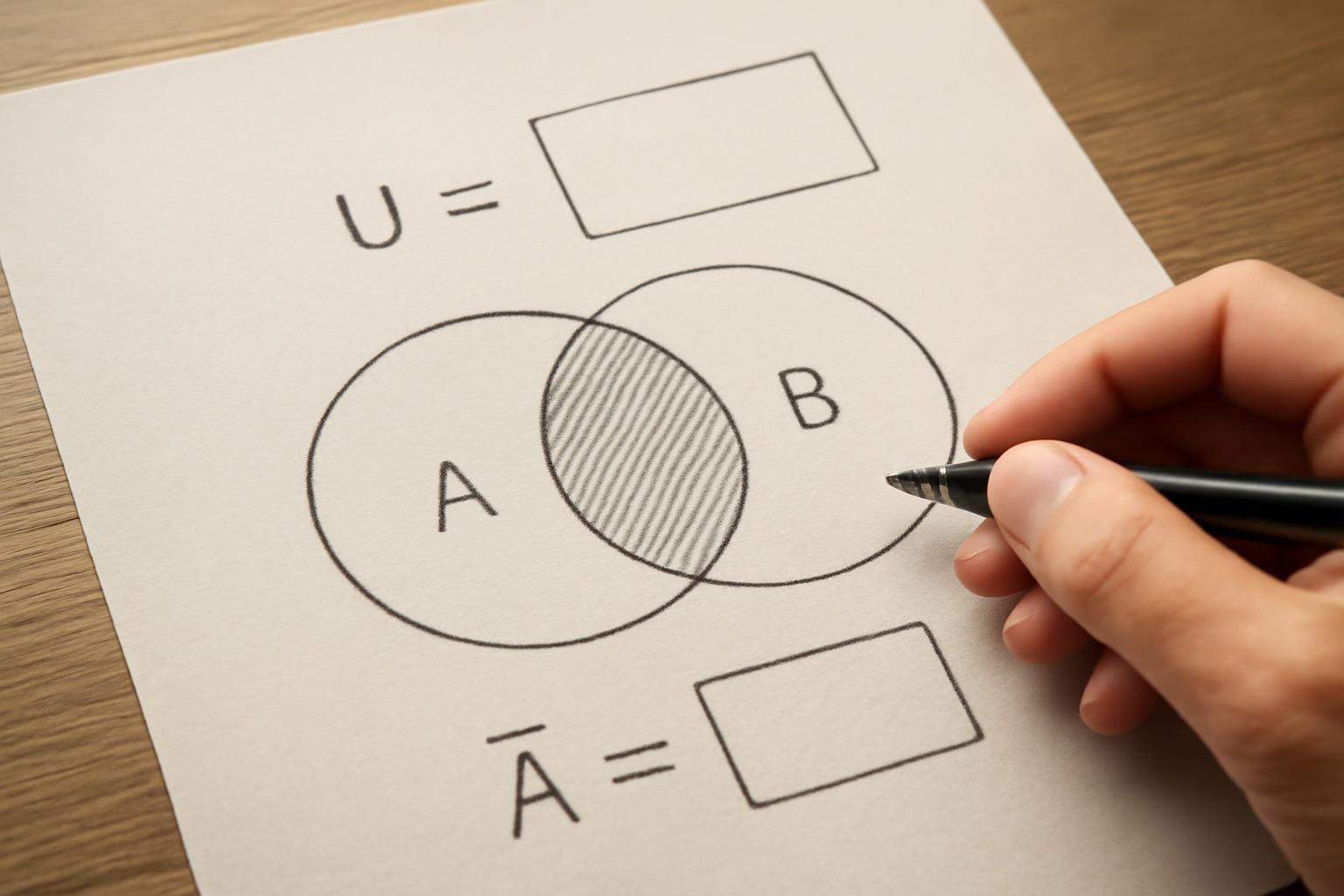 Egy papírlapon ábrázolt Venn-diagram, amely az A és B halmazokat mutatja, valamint a komplementer halmaz elemeit.