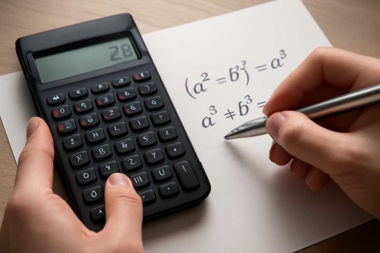 Egy kéz tollal írja a különbség és összeg négyzetének képletét, mellette egy számológép látható.