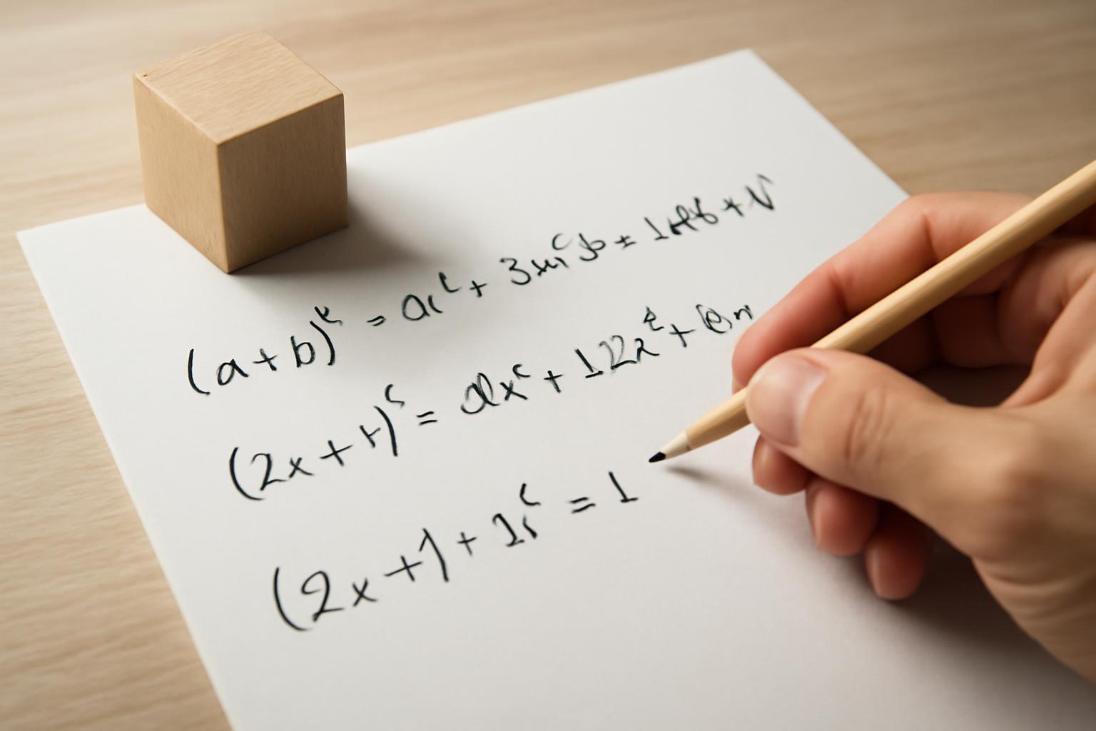 Egy kéz ceruzával matematikai képleteket ír egy papírra, mellette egy fa kocka.