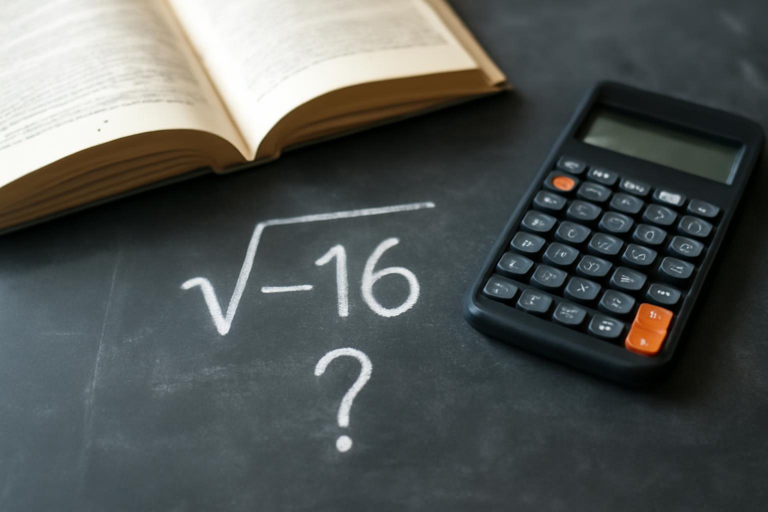 Egy fekete táblán a -16 négyzetgyökének kérdése, mellette egy számológép és egy nyitott könyv.