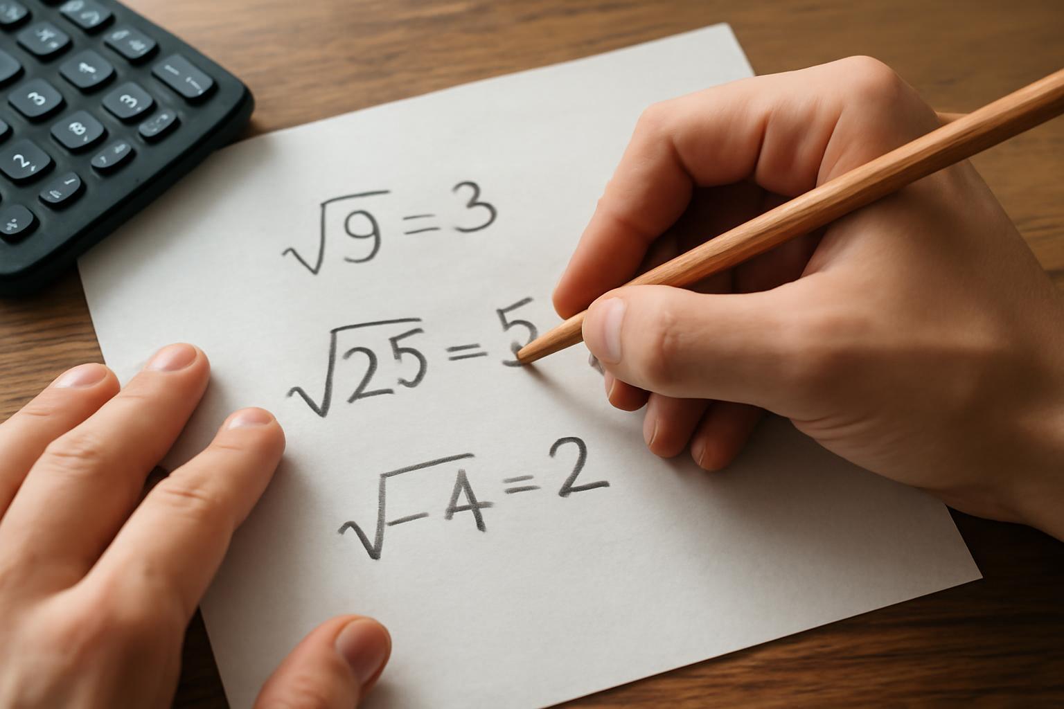 Egy kéz négyzetgyök műveleteket ír le papíron, számológép mellett.