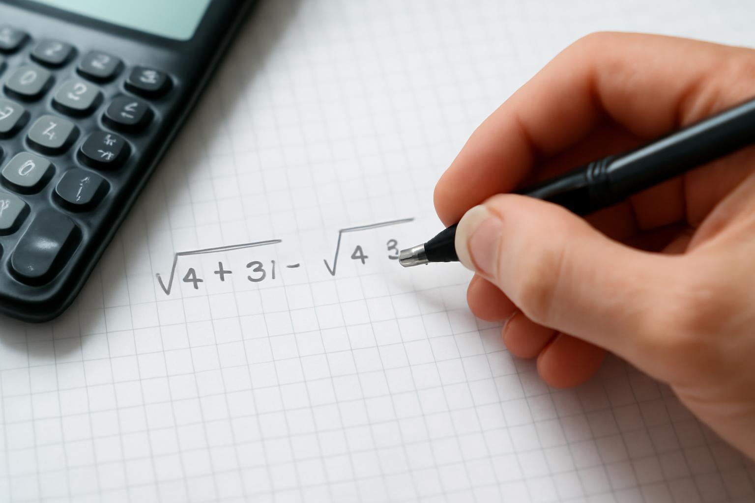 Egy kéz egy matematikai képletet ír a négyzetgyök összetett számokkal kapcsolatban.