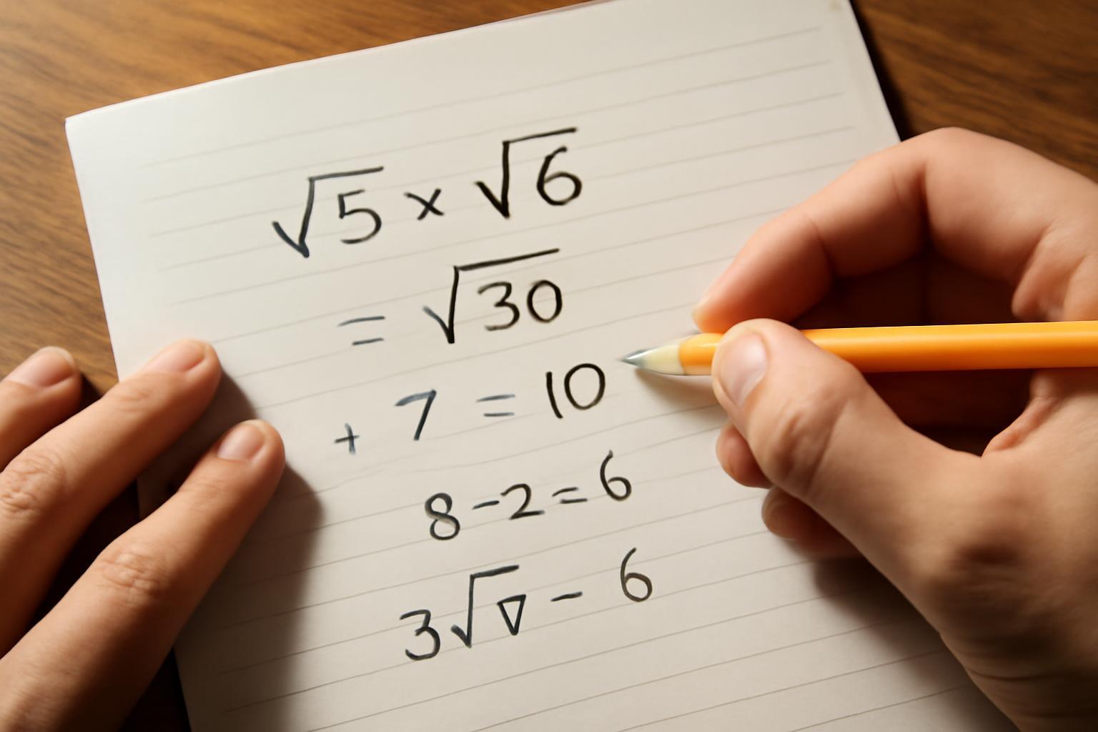 Egy kézírásos matematikai feladat, négyzetgyök szorzattal és egyszerű műveletekkel.