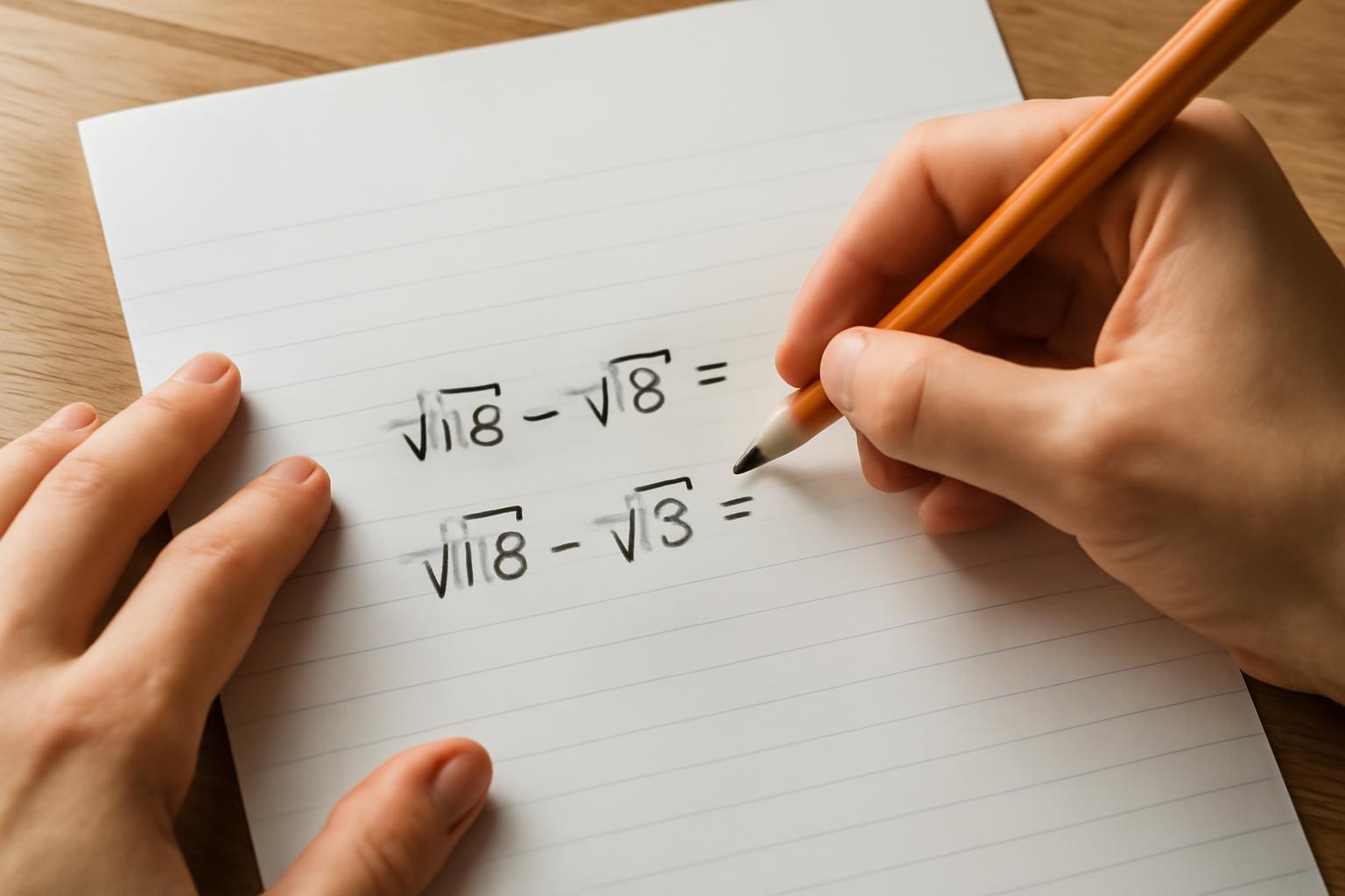 Kéz, amely ceruzával négyzetgyökök kivonásának példáit írja le egy füzetben.