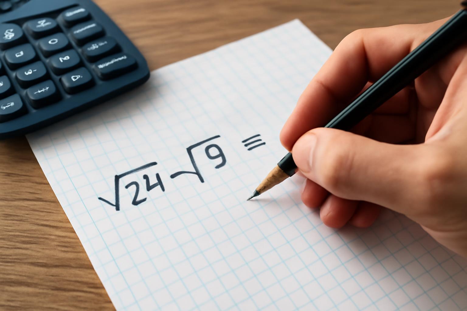 Egy kéz négyzetgyökök kivonásának szabályait írja le papíron, számológép mellett.