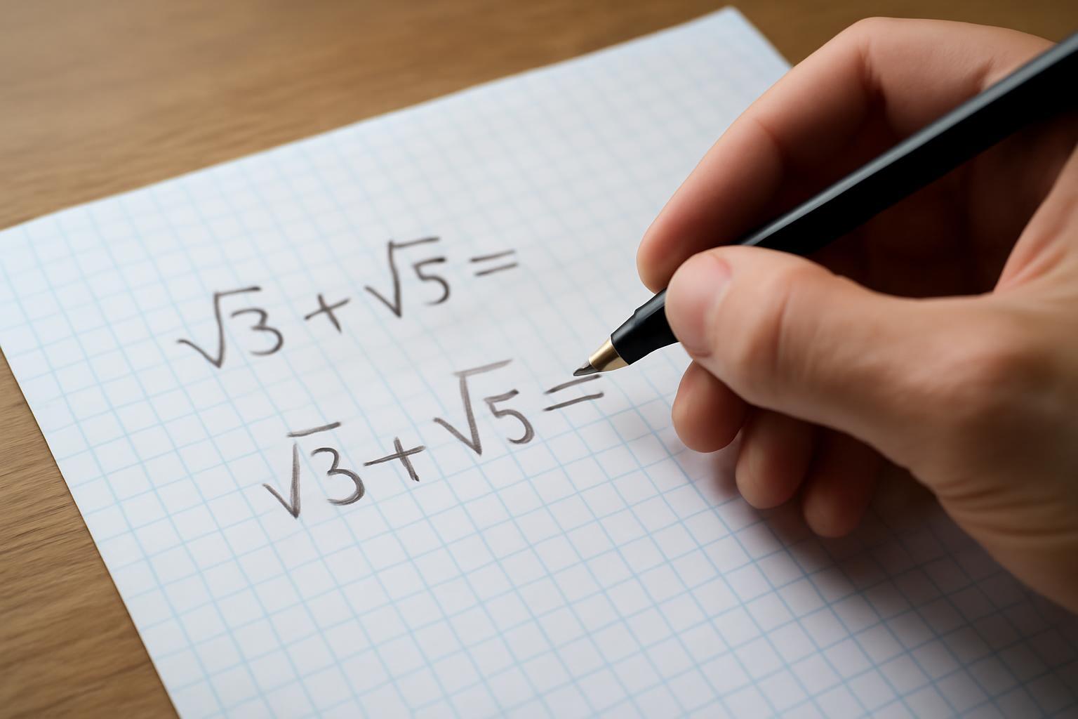 Egy kézírásos matematikai példa négyzetgyökök összeadására, papíron.