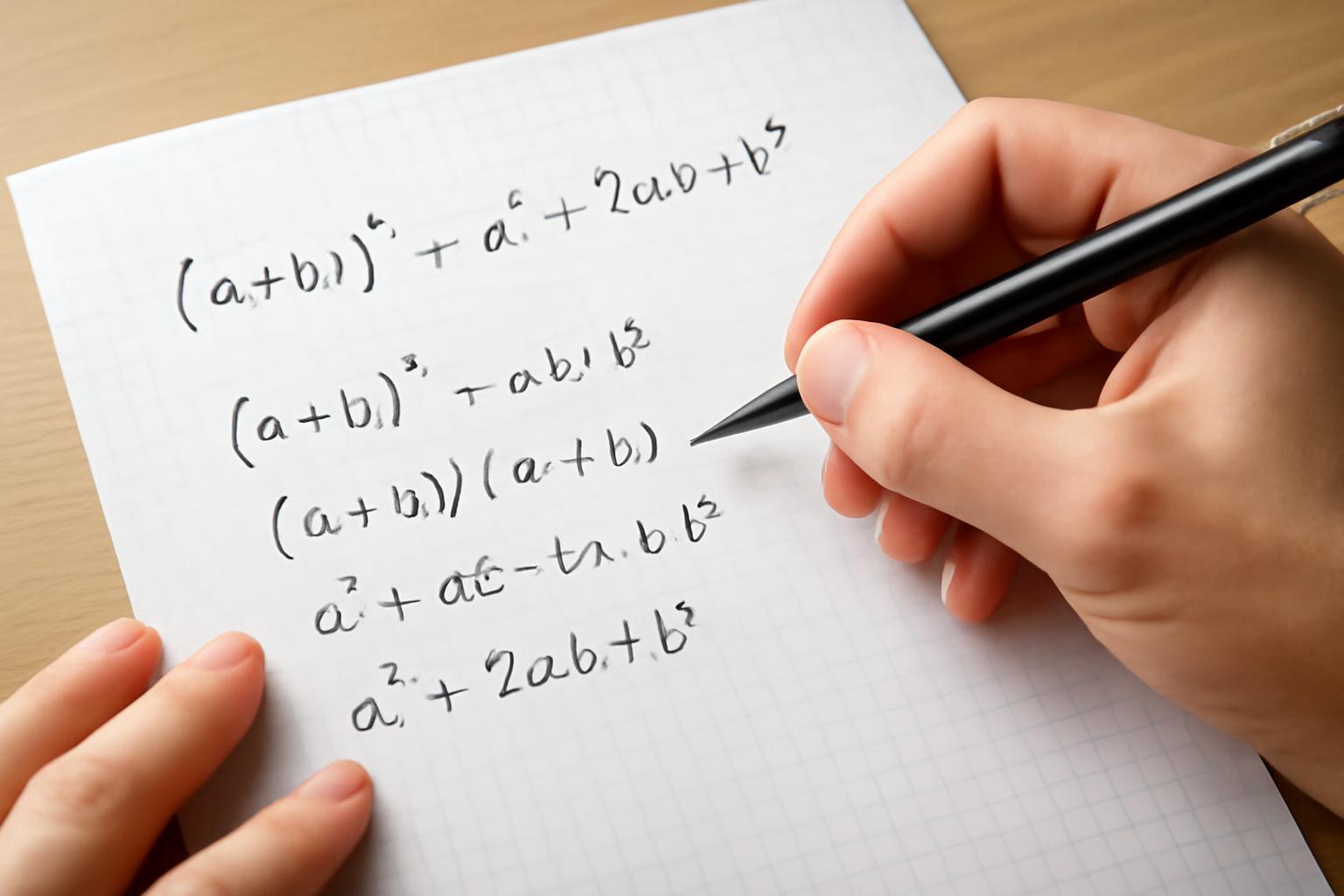 Kéz, amely egy jegyzetfüzeten négyzetre emeléshez kapcsolódó matematikai képleteket ír.