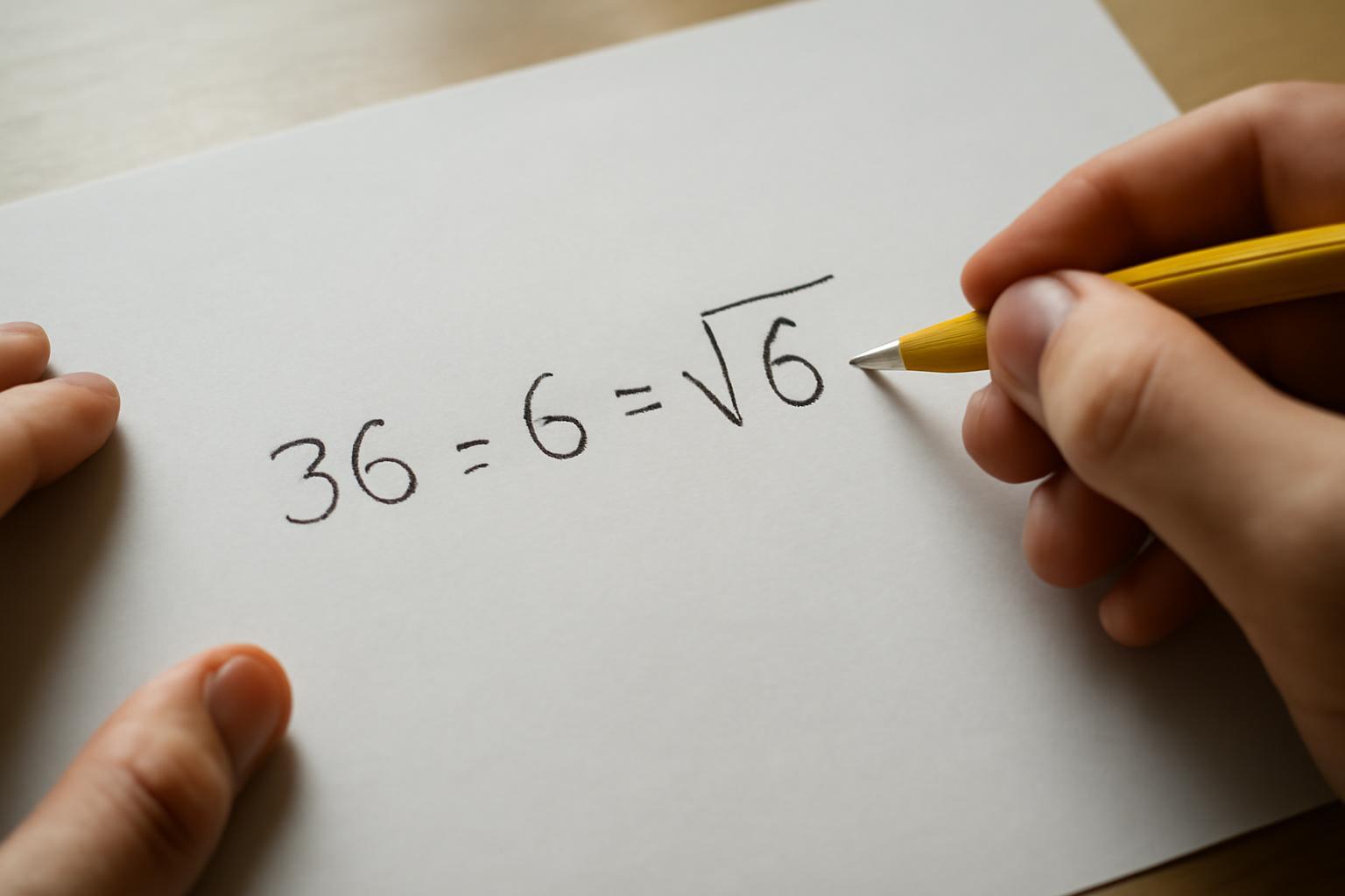 Egy kéz egy papírlapon írja a 36 = 6 = √6 képletet, bemutatva az osztás és négyzetgyök kapcsolatát.