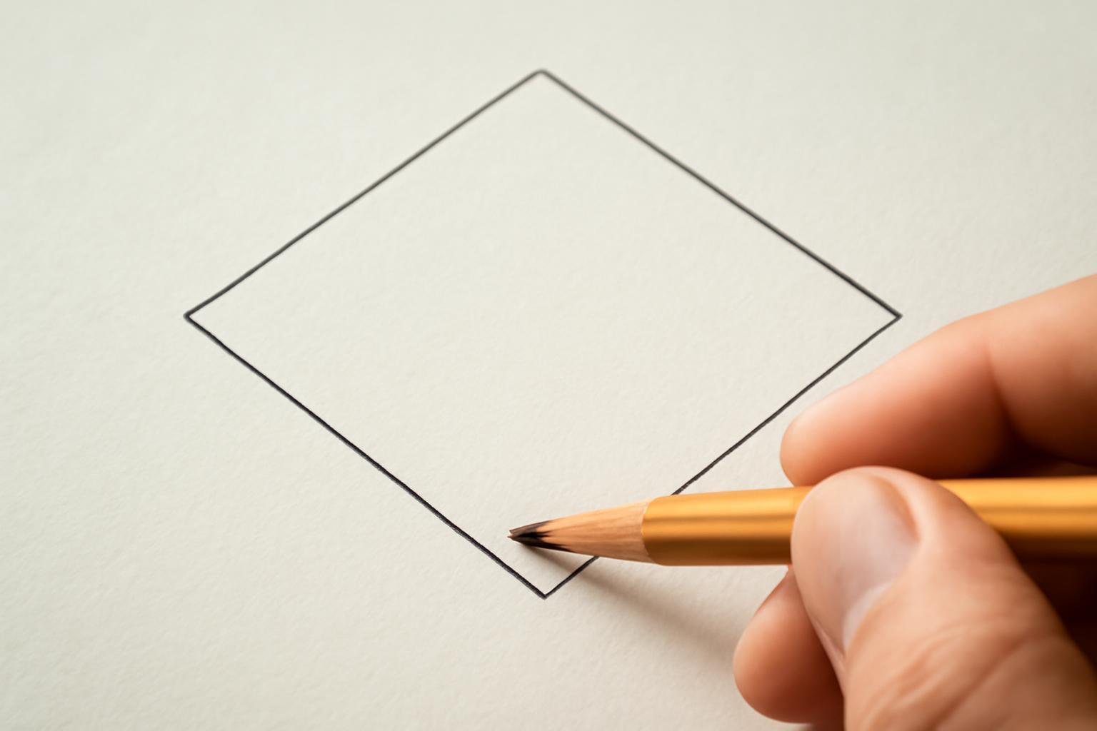 Egy kéz egy ceruzával rombusz formát rajzol egy papírlapra.