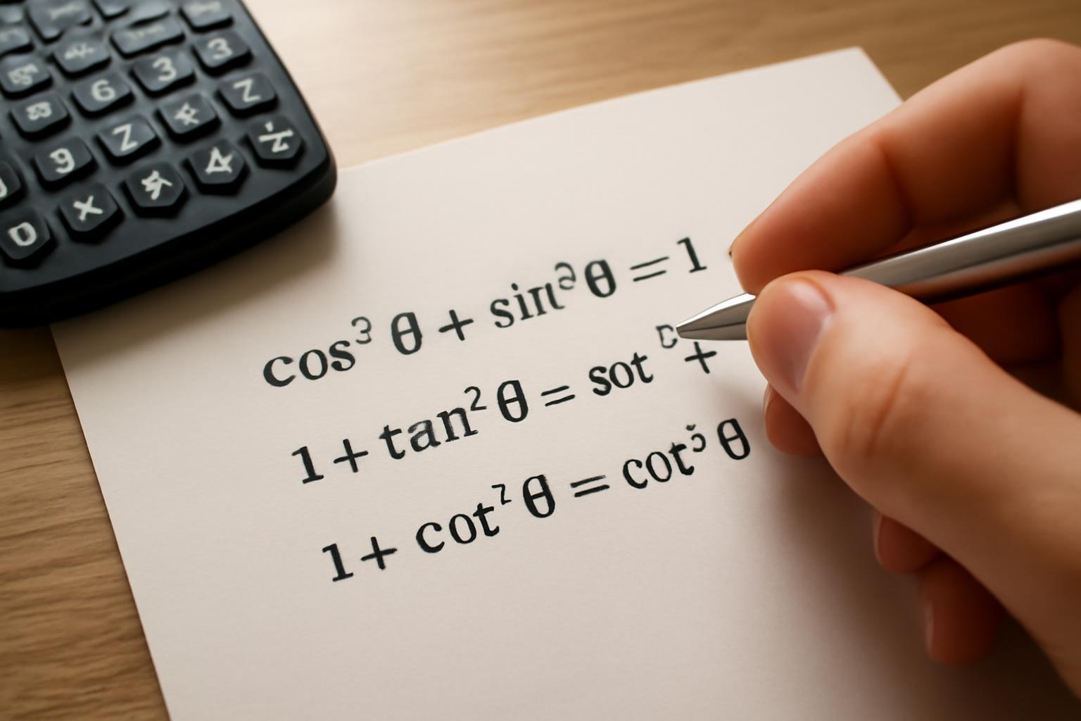 Egy kéz egy papíron trigonometriai azonosságokat ír, mellette egy számológép látható.
