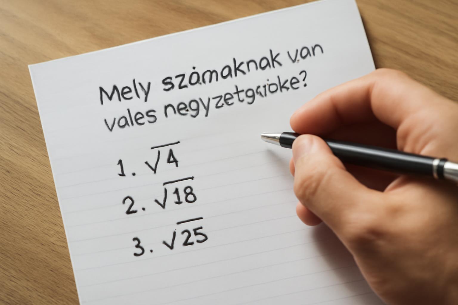 Egy kézírásos papírlap, amelyen négyzetgyökök szerepelnek, és egy kéz ír.