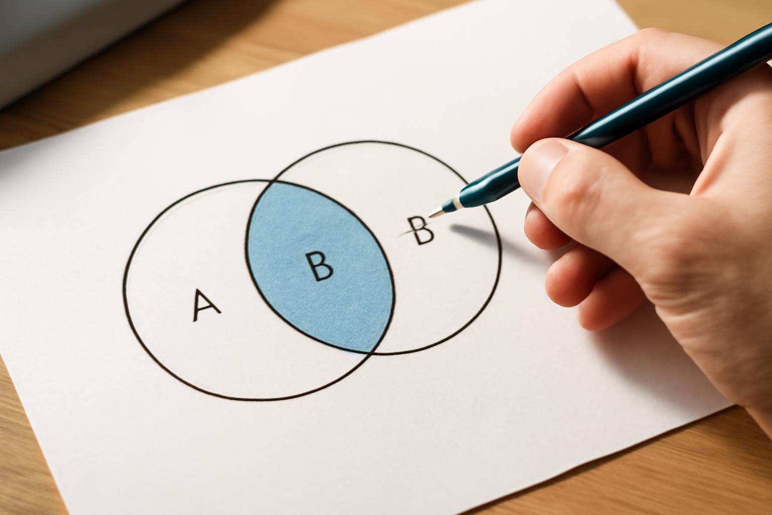 Egy kéz egy papíron lévő Venn-diagramot mutat, amely az A és B halmazokat ábrázolja.