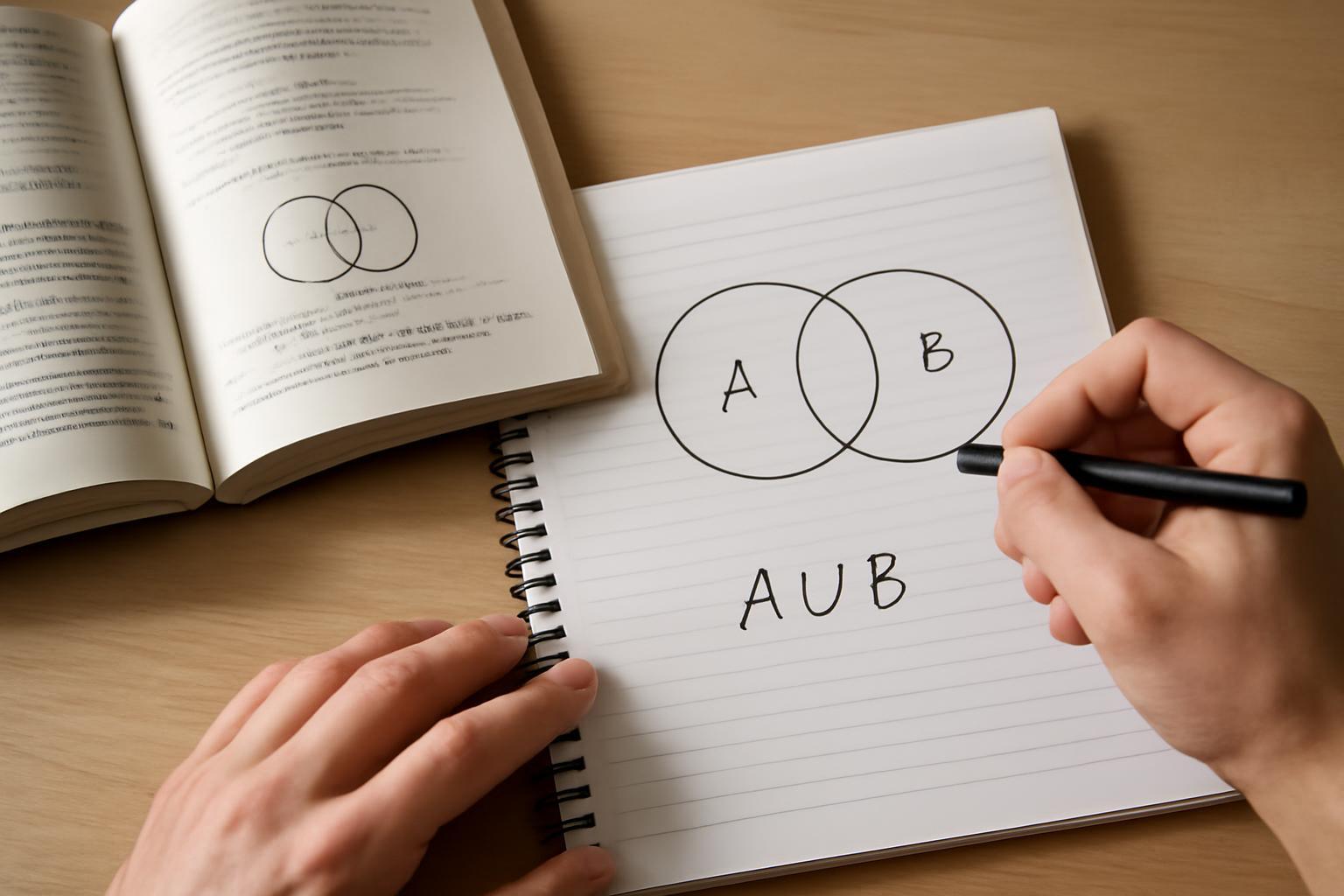 Egy kéz egy jegyzetfüzeten A és B halmazok Venn-diagramját rajzolja, alatta az AUB felirattal.