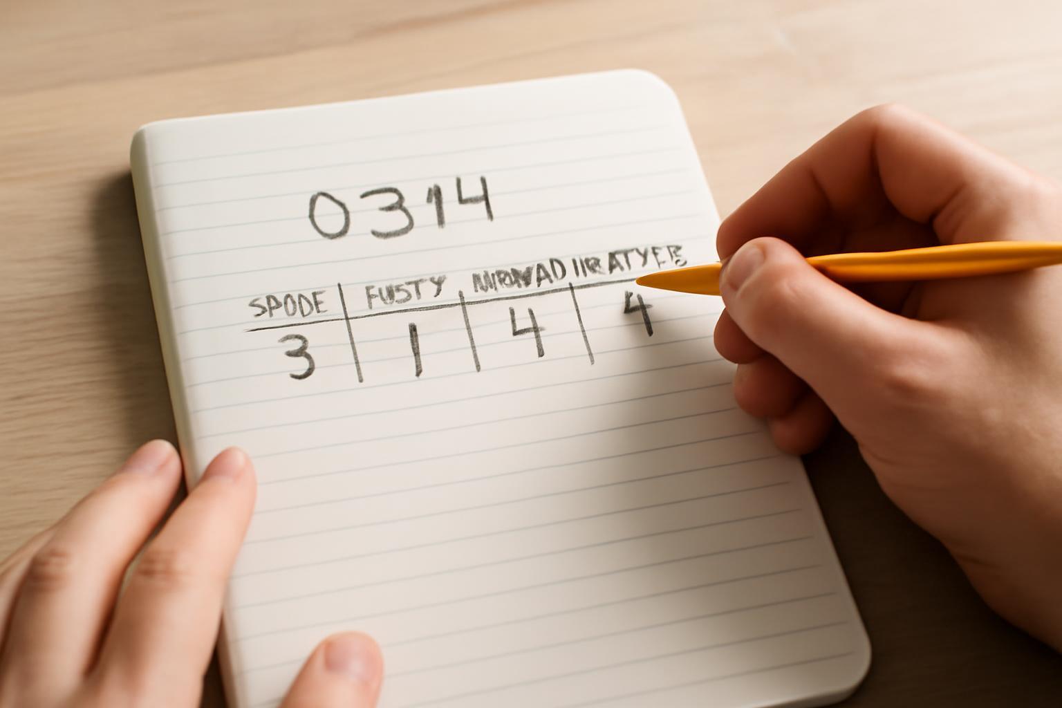 Egy kéz egy jegyzetfüzetben tizedes törteket és helyi értékeket ír le.