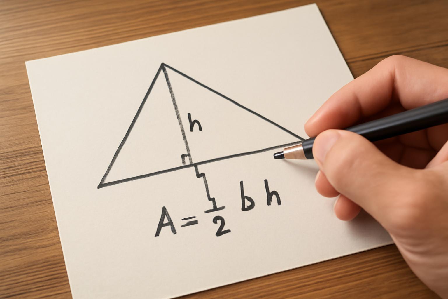 Egy háromszög ábrázolása, mellette a terület képlete: A=1/2bh.