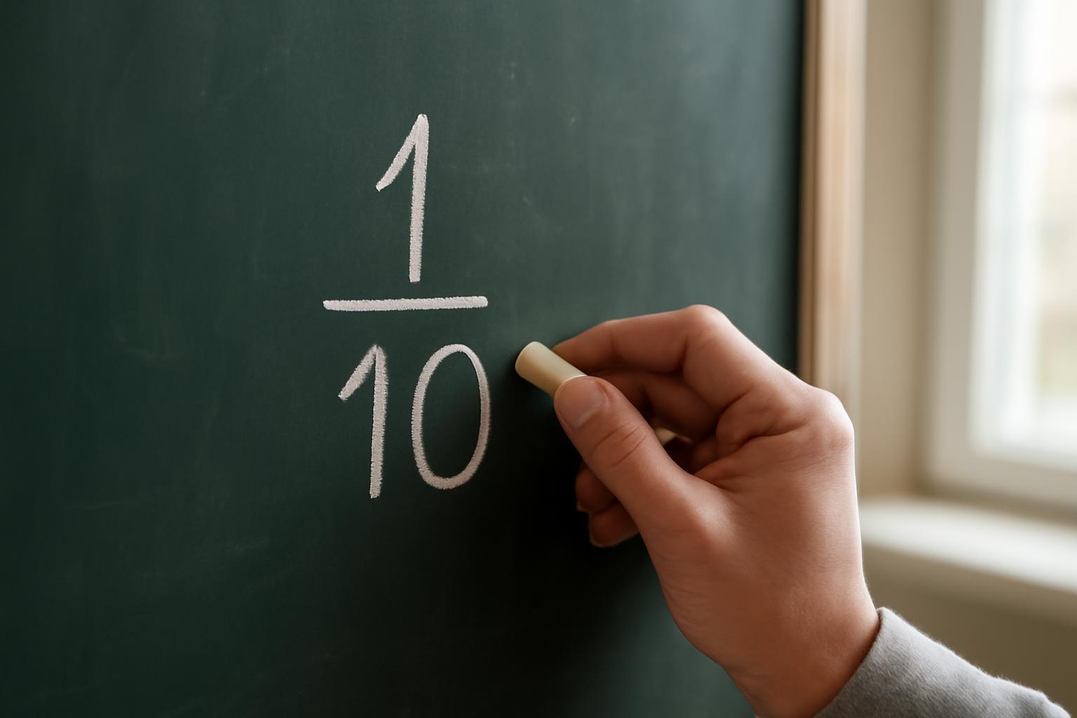 Egy kéz tizedestörtet ír a táblára, 1/10 formában.