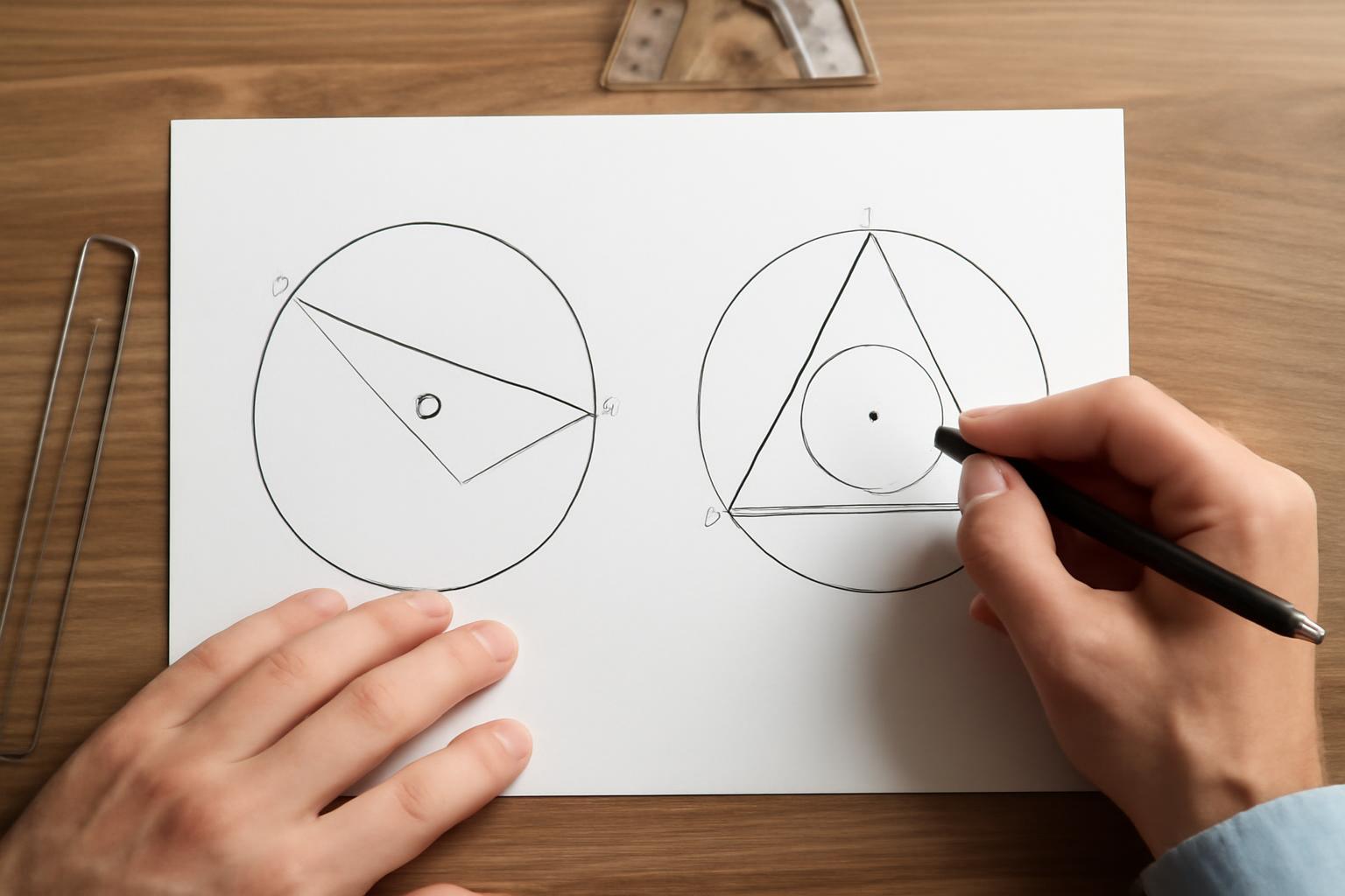 Két kör, az egyik körülírt, a másik beírt, matematikai szerkesztés közben.