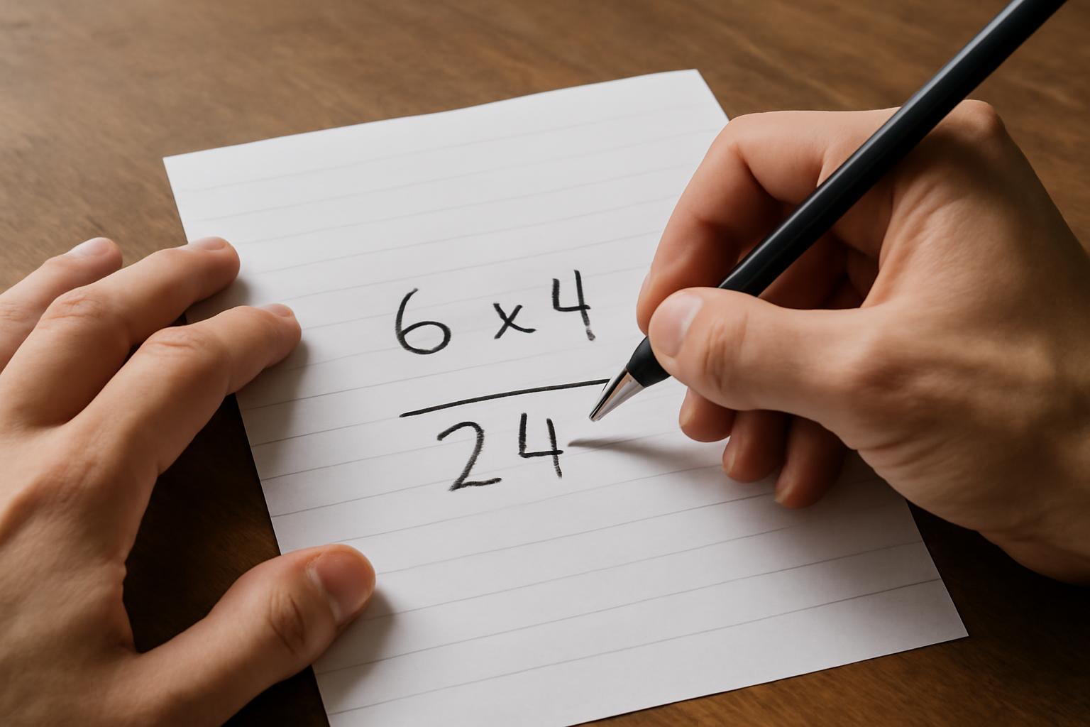 Egy kézírásos papíron a 6 x 4 szorzás és az eredmény, 24 látható.