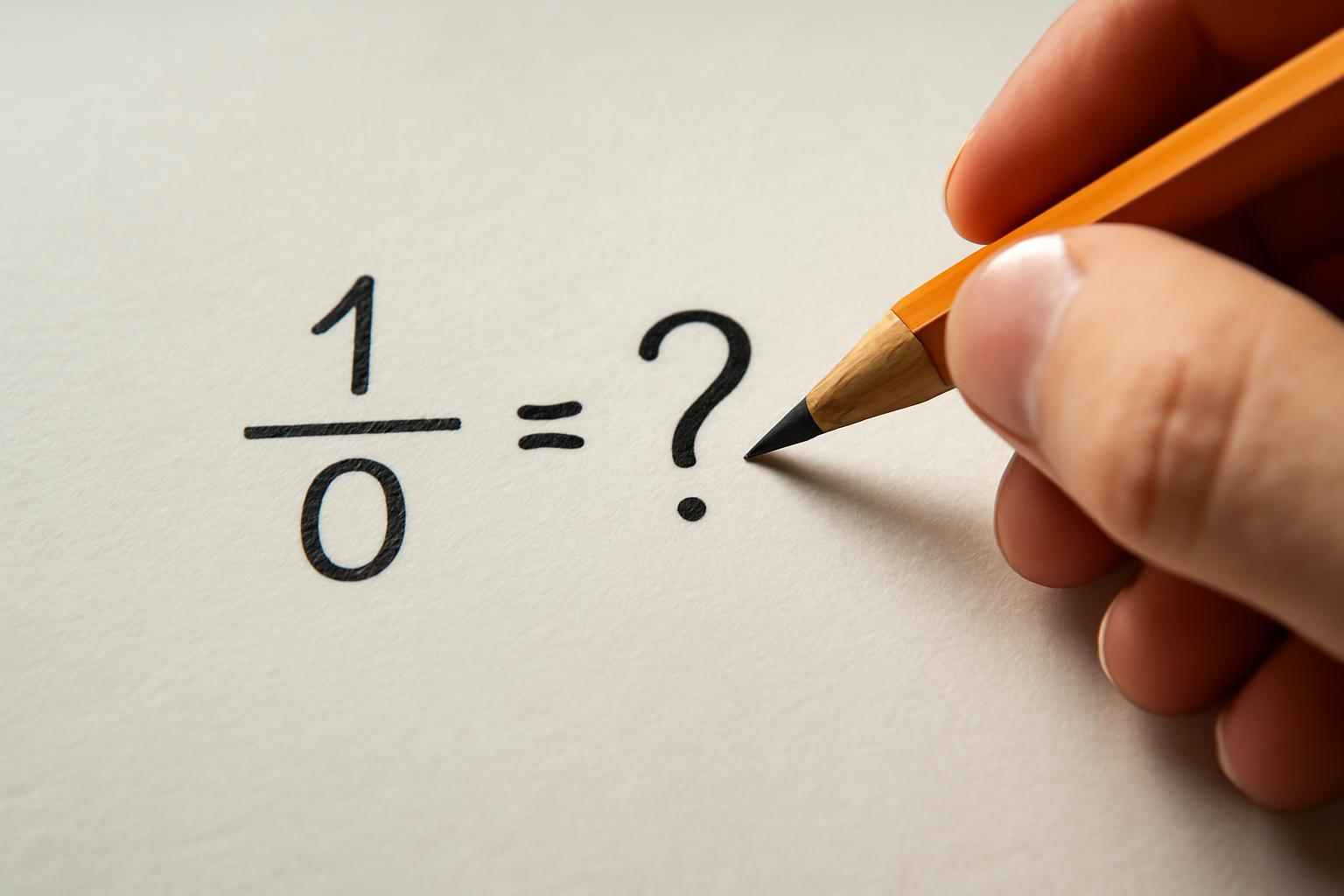 Egy kéz egy ceruzával írja a 1/0 = ? matematikai kifejezést papírra.