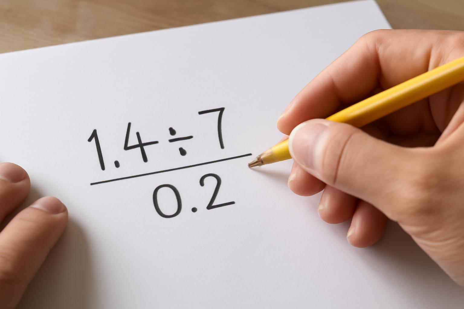 Egy kéz sárga ceruzával írja a 1.4 ÷ 0.2 = 7 matematikai műveletet papíron.