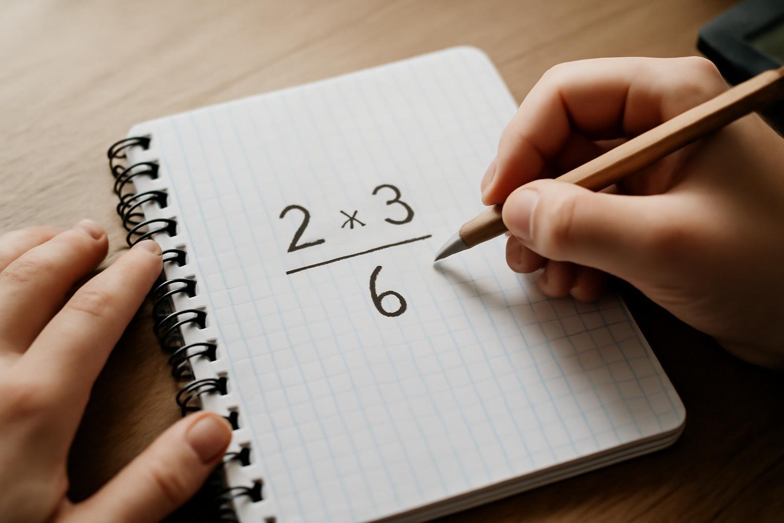 Egy kéz egy jegyzetfüzetben a 2 × 3 = 6 műveletet írja.