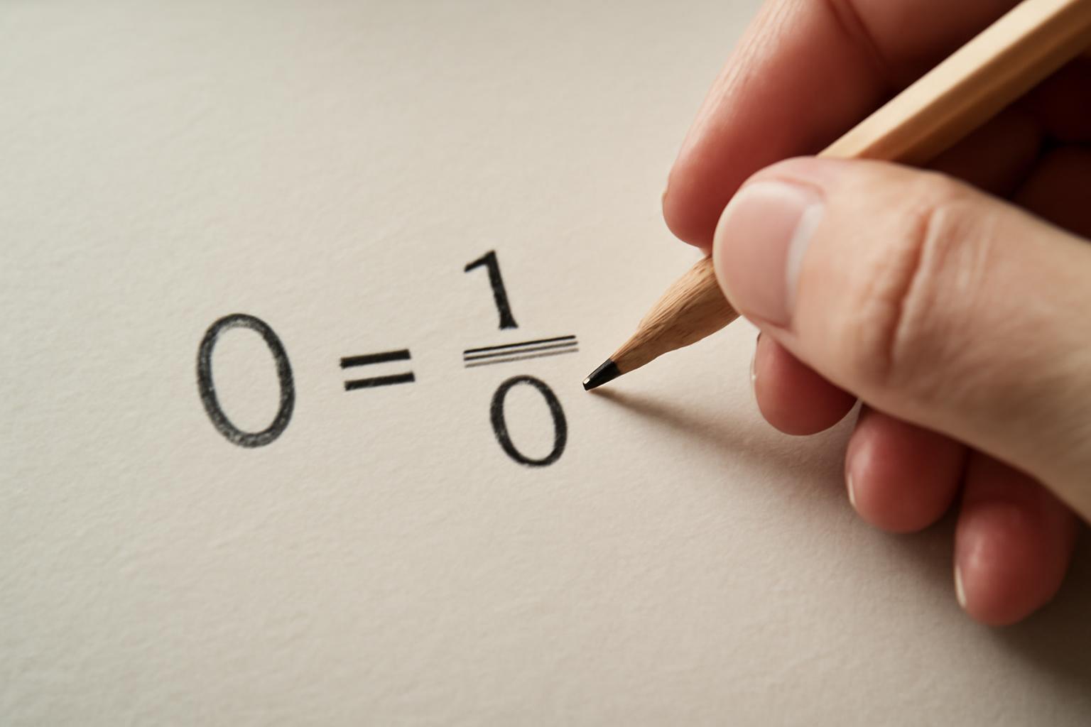 Egy kéz ceruzával írja a 0=1/0 egyenletet egy papírlapra.
