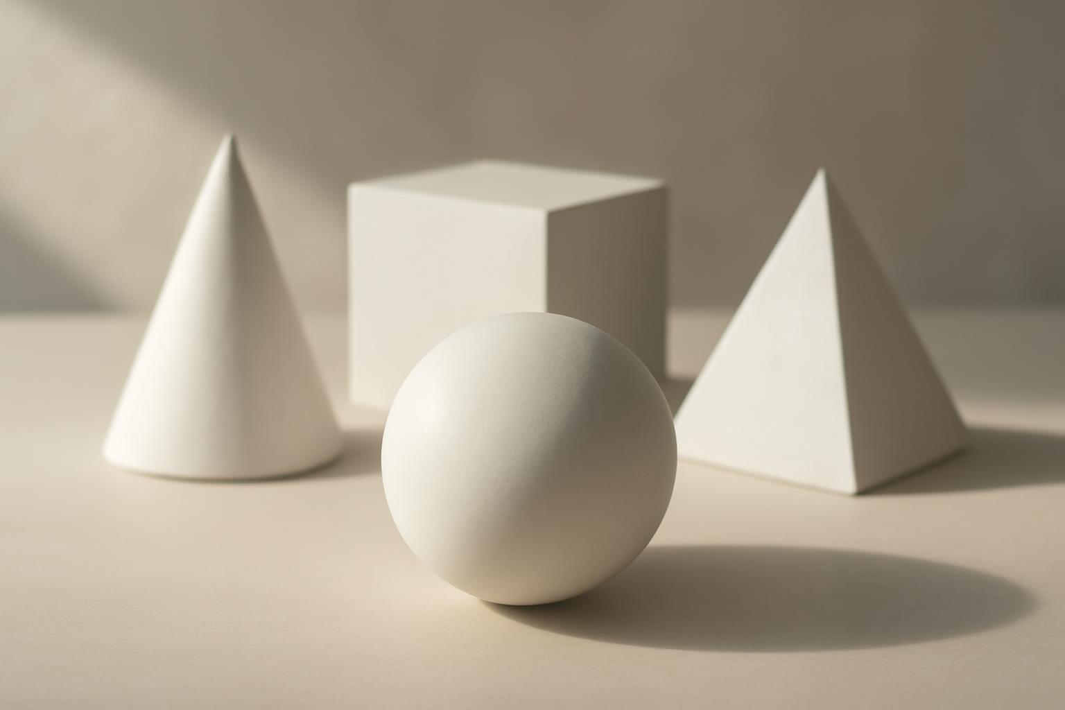 Egy gömb, kúpok és egy kocka körül, a geometriai formák bemutatására.