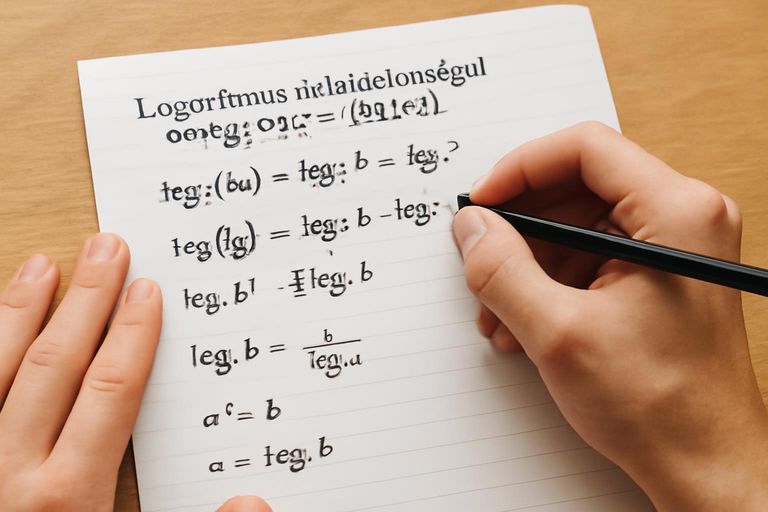 Kézírásos jegyzetek logaritmus tulajdonságairól és algebrai szabályairól.