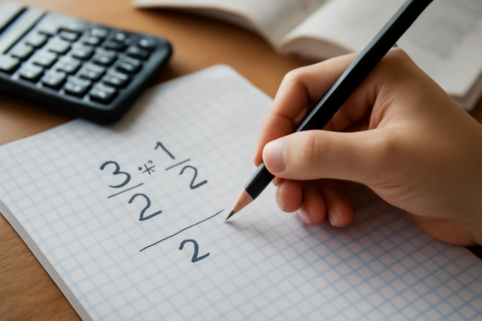 Egy kéz egy füzetben vegyes számot szoroz törttel, matematikai képletek láthatók.