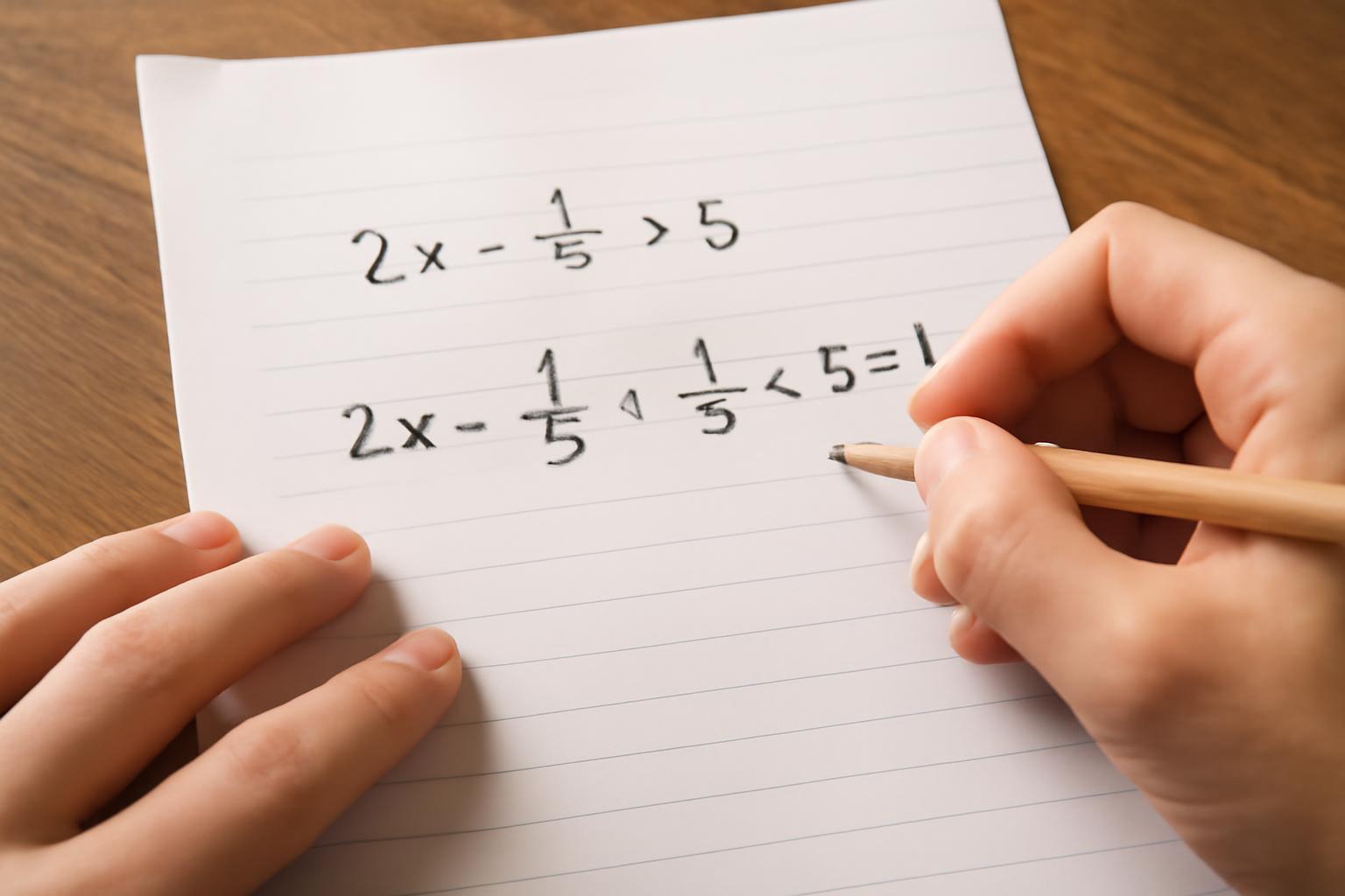 Egy kézírásos matematikai feladat, zárójelek és törtek egyenlőtlenségekben.