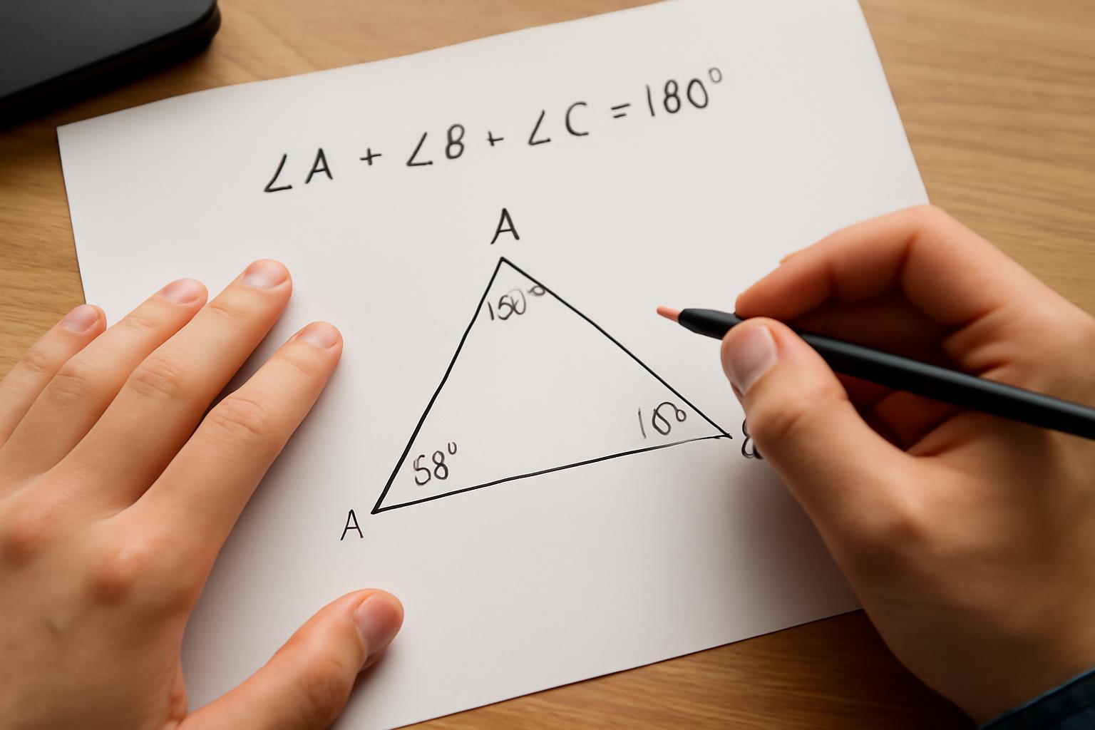 Kéz egy papírlapon, amelyen egy háromszög szögei és összege látható.