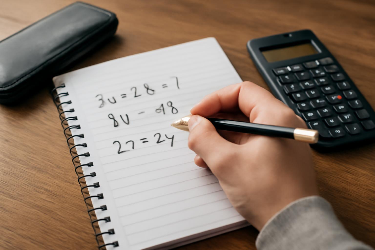 Egy kéz algebrai kifejezéseket ír egy jegyzetfüzetbe, számológép mellett.