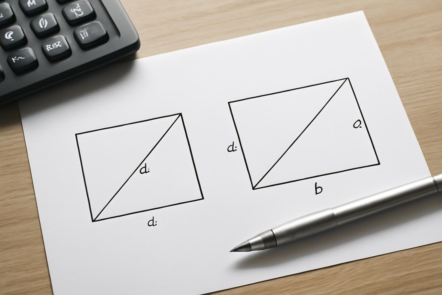 Két geometriai alakzat, négyzet és téglalap, átlóik képleteivel.