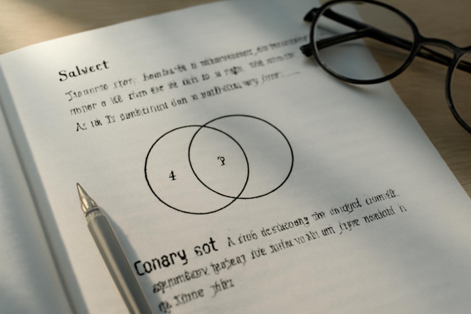 Egy matematikai könyv lapján részhalmazok Venn-diagramja látható, üreshalmazzal.