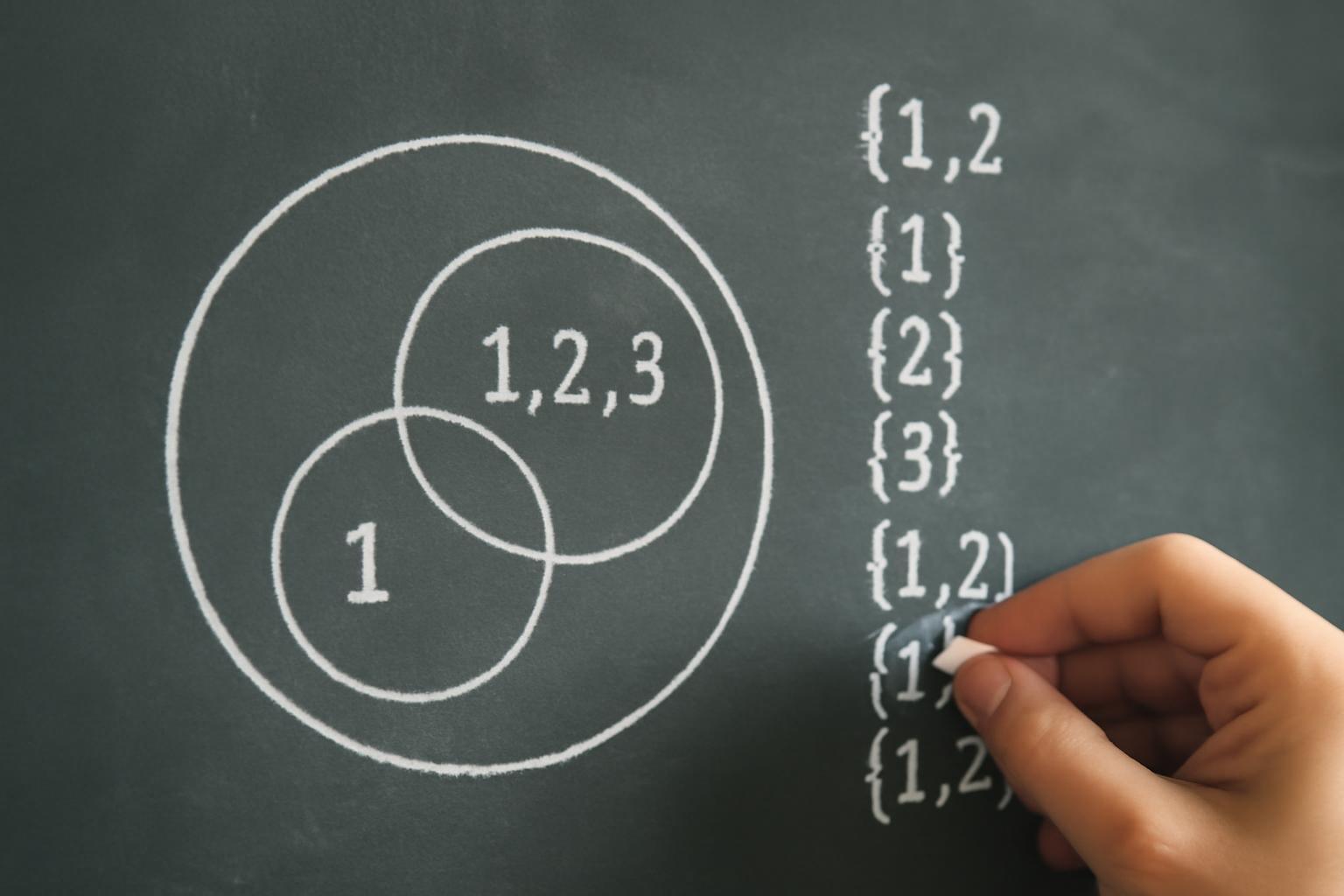 Egy táblán látható Venn-diagram, amely a részhalmazokat mutatja be.