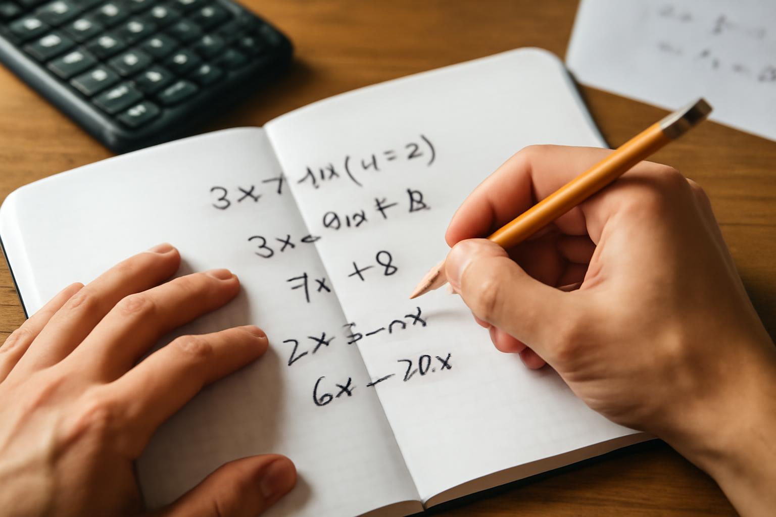 Egy kéz matematikai egyenleteket ír egy jegyzetfüzetbe, háttérben számológép.