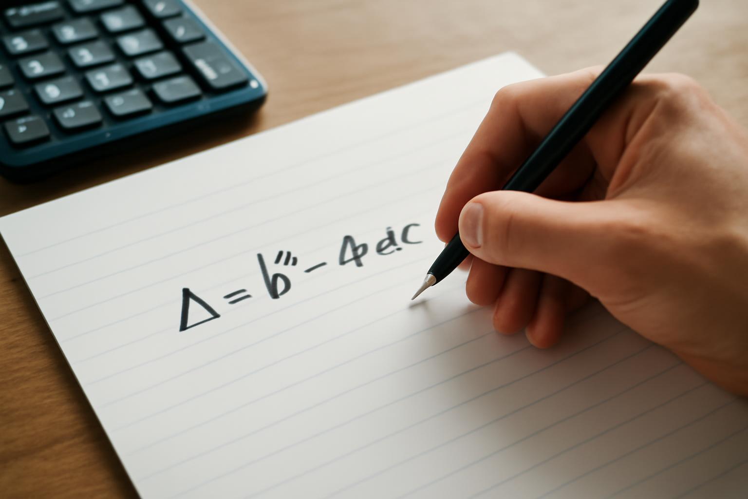 A diszkrimináns képlete, D = b² - 4ac, egy papírlapon látható.