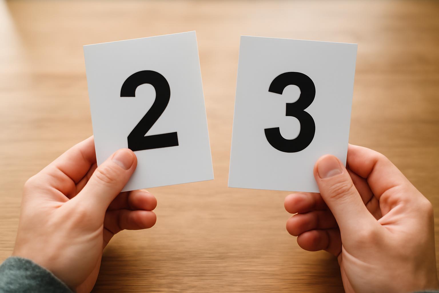 Két kézben tartott kártyák, az egyik 2-es, a másik 3-as számot mutat.