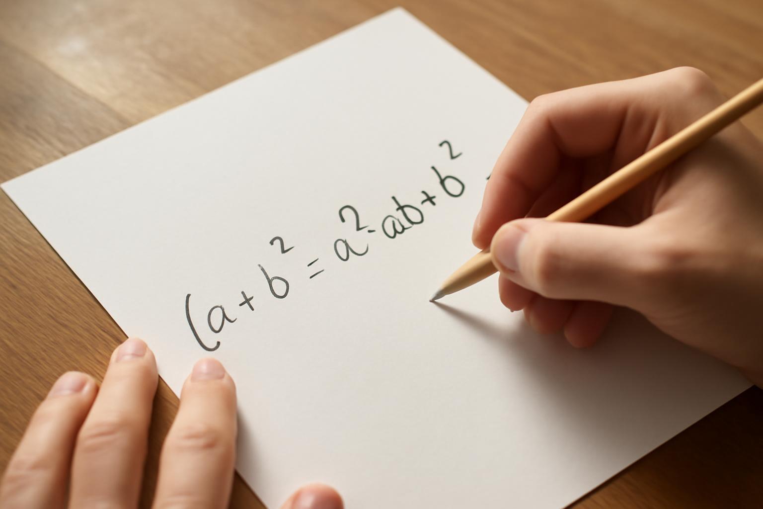 Egy kéz papíron írja a négyzetre emelés azonosságát: (a+b)² = a² + 2ab + b².