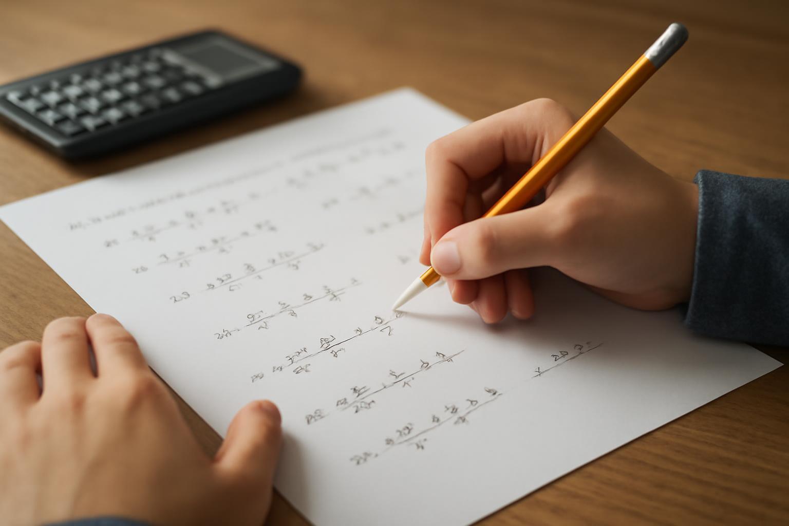 Egy diák matematikai feladatokat old meg, ceruzával írva egy papírlapra.