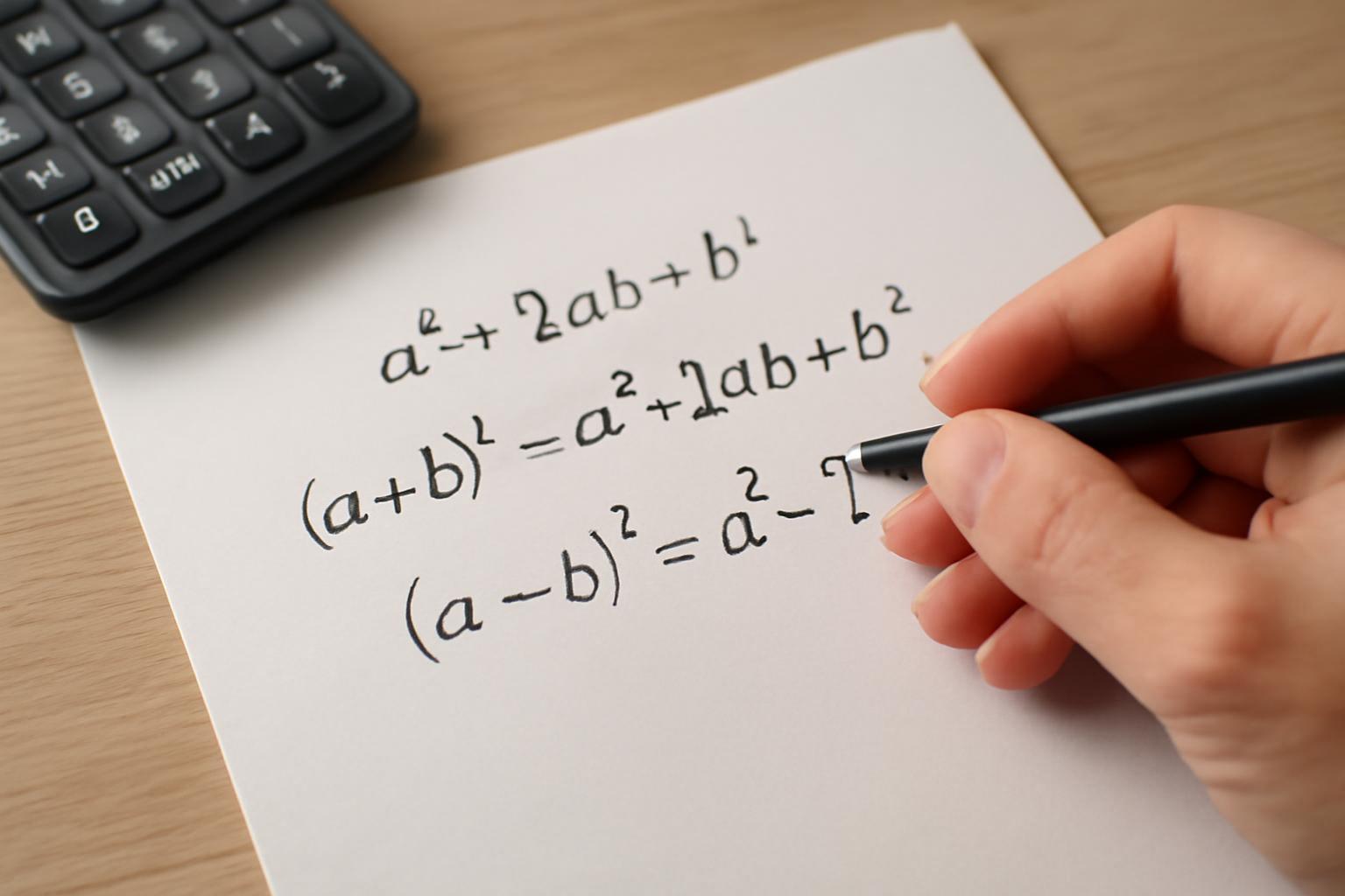 Egy kéz egy papíron matematikai kifejezéseket ír, mellette egy számológép látható.