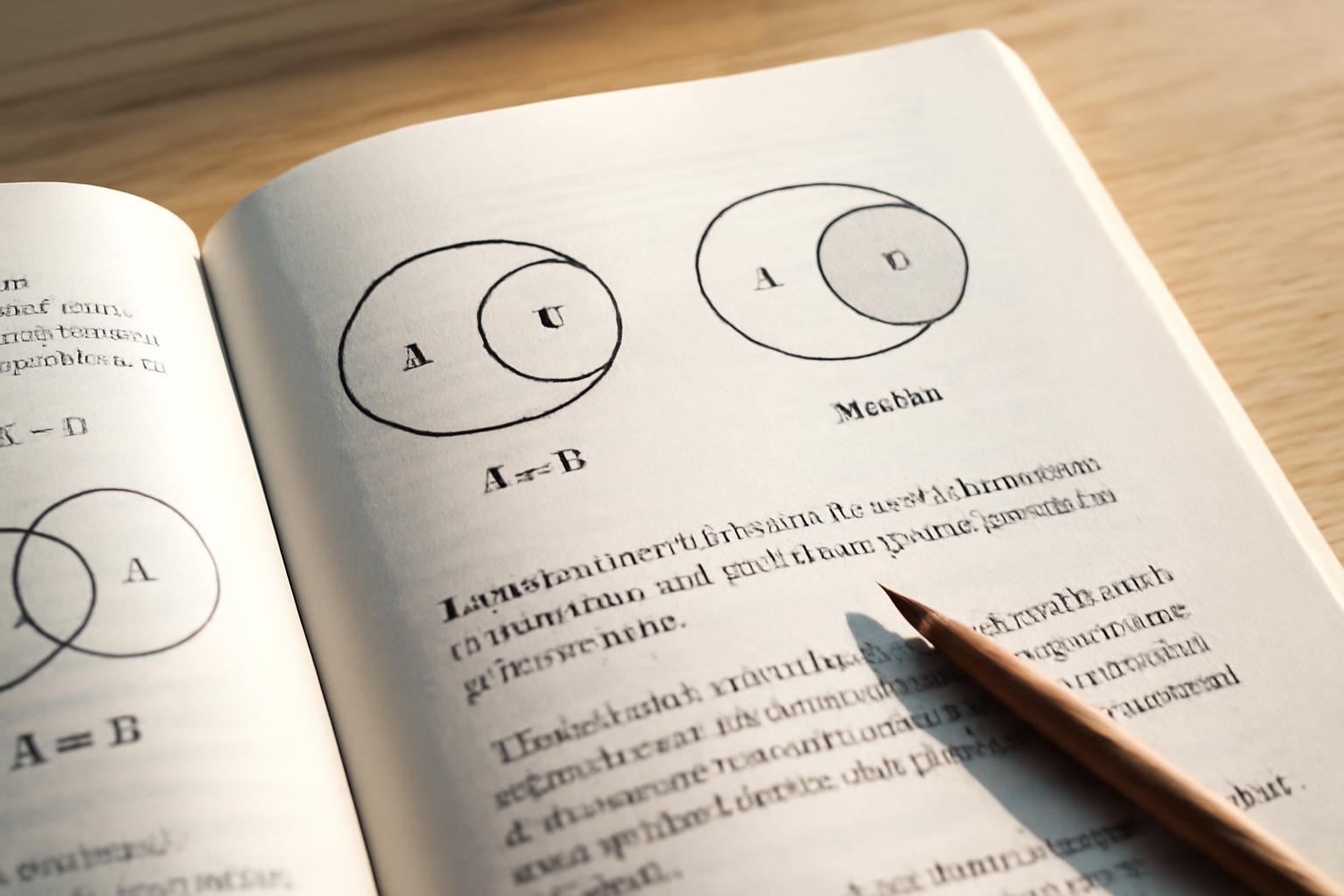Matematikai könyv lapján halmazok egyenlősége és részhalmazok ábrázolása.