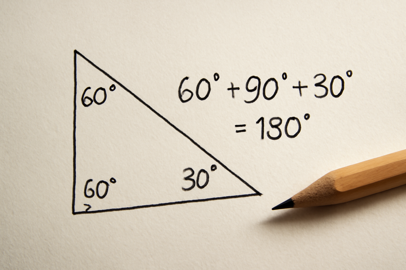 Egy háromszög, amelynek szögei 60°, 90° és 30°, a szögek összegével 180°-ra.